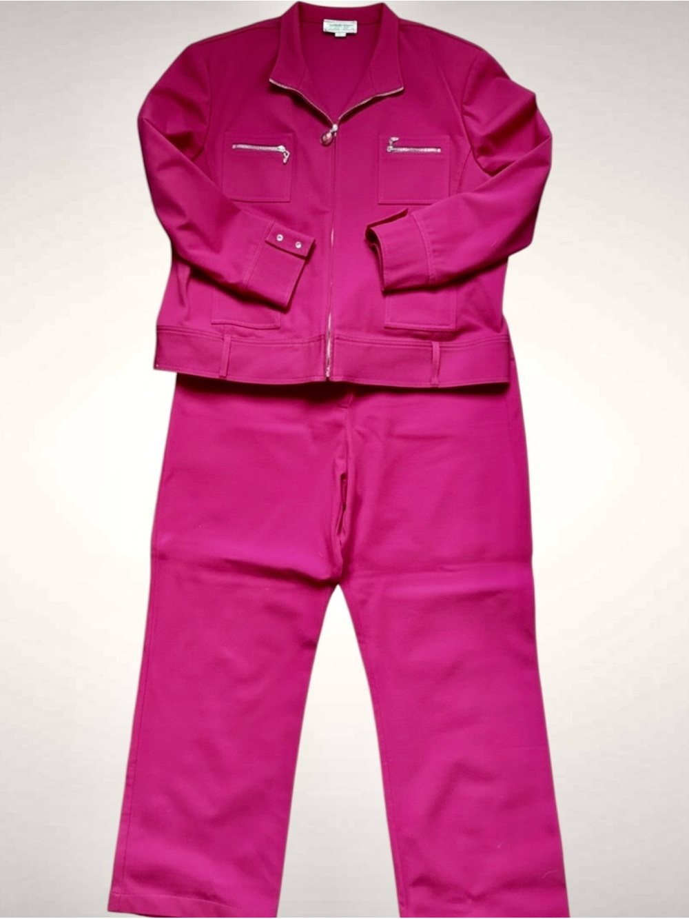 St. John Sport Marie Gray Fuchsia Cotton Twill Jacket & Pants Suit 16 XL